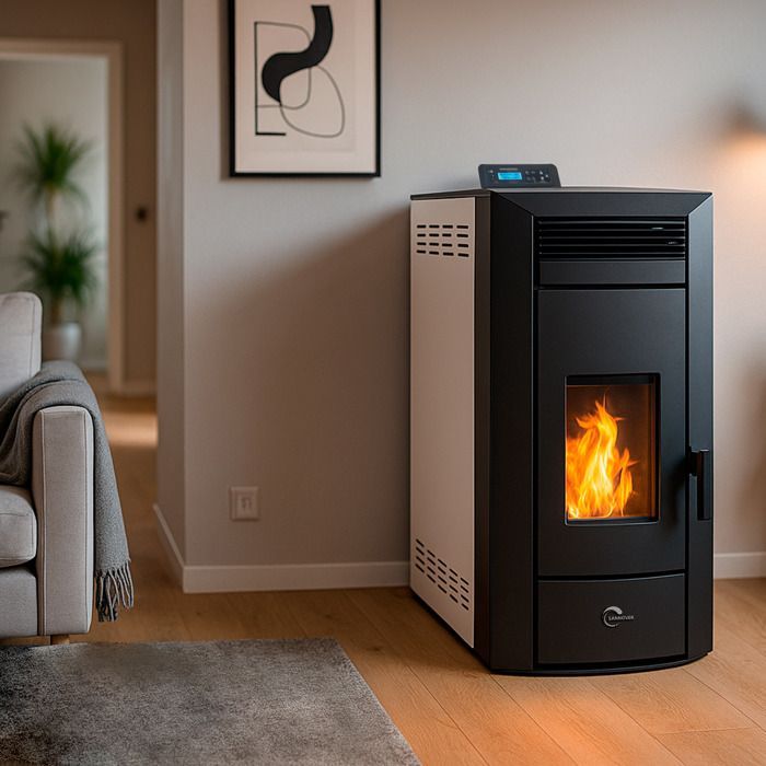 Estufa de pellets hidráulica sellada Kleona de 22,7 kW, blanca, Sannover + kit de instalación