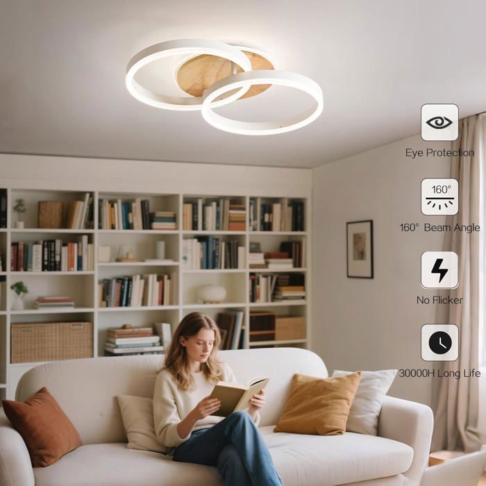 AMDELNE Modern 36W Dimmable Ceiling Light with Remote Control/Metal+Acrylic/Round Design/for Living Room/Dining Room – White+Wood