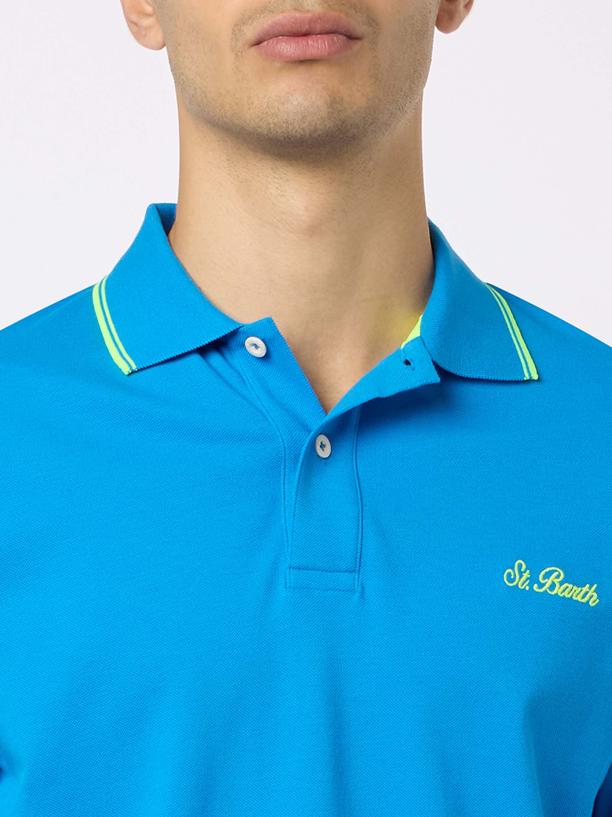 Polo da uomo in piquet di cotone bluette Beverly Hills con ricamo palm