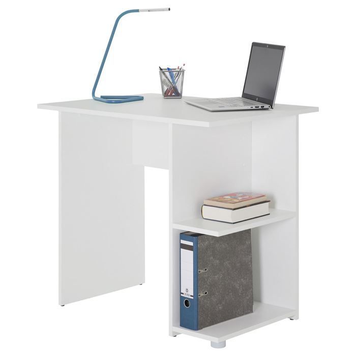 Bureau pour enfant ou adulte NOVA, bureau informatique table d'ordinateur rangement ouvert 2 tablettes, en mélaminé blanc mat