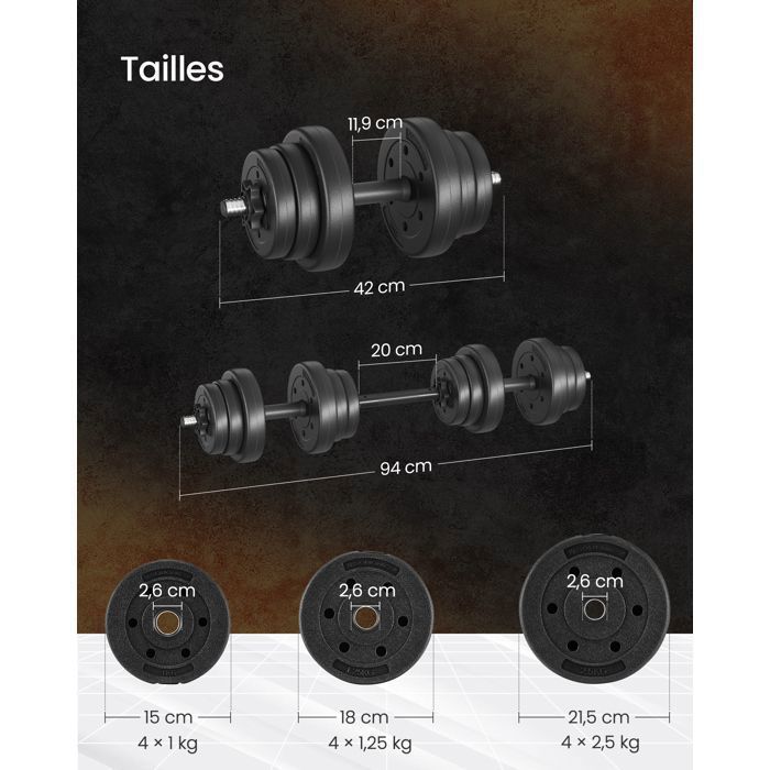 Juego de 2 mancuernas ajustables (10 kg, 20 kg) con barra de extensión adicional y 12 discos de peso de SONGMICS.
