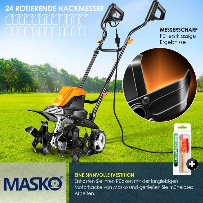 Motocultor eléctrico - MASKO - 1500 vatios - 40 cm de ancho de trabajo - 20 cm de profundidad de trabajo - 6 púas