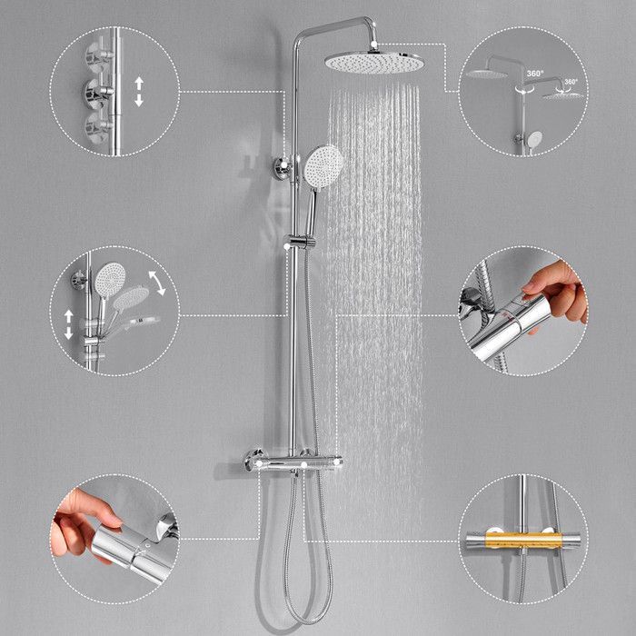 Columna de ducha termostática - AURALUM MAX - Acero inoxidable - Acabado cromado - 3 modos de ducha - Altura regulable de 102 a 125 cm