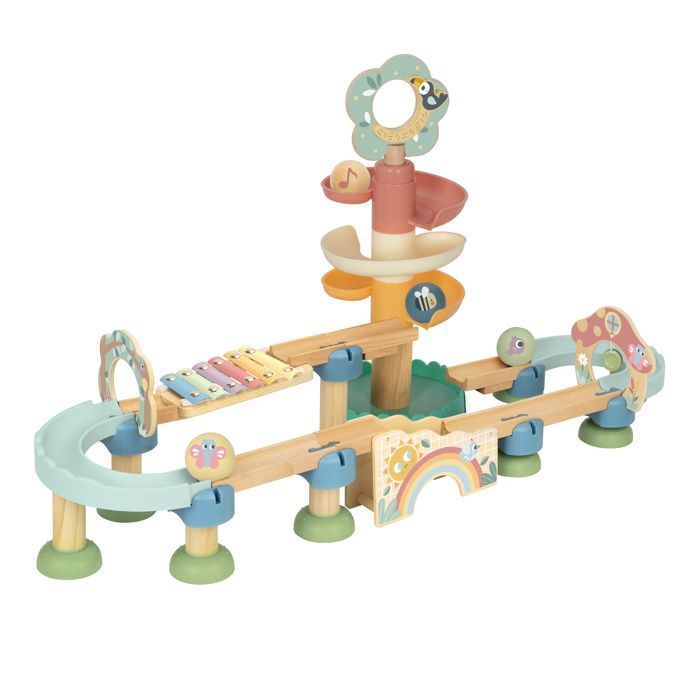 Pista de canicas - Juguete Tooky - Colores pastel - 4 canicas - Juego educativo - Madera mixta con certificación FSC