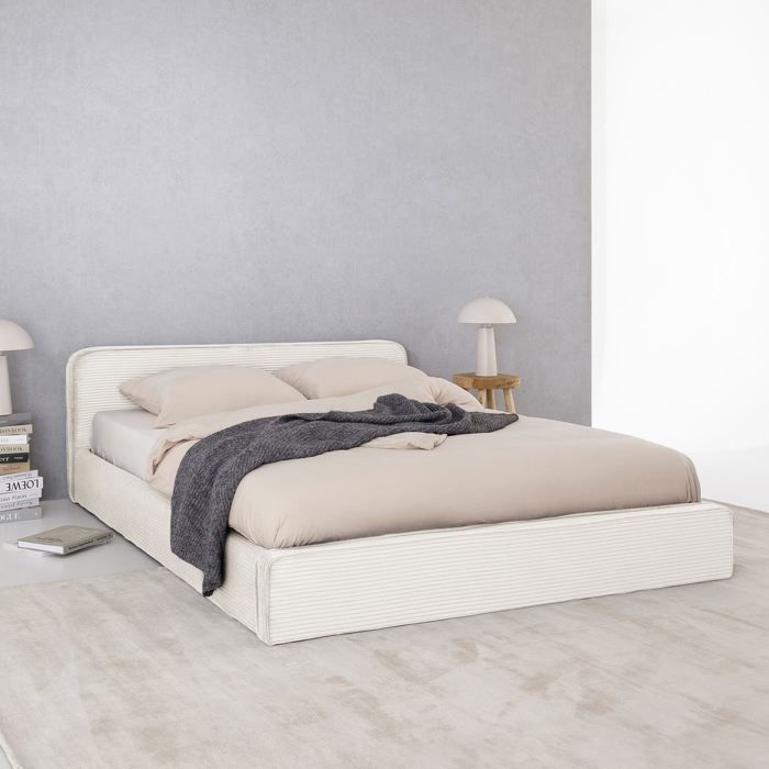 Cama doble CURSIO de 140x190 cm, tapizada en pana color crema, cama para 2 personas, estructura de madera con somier de láminas.