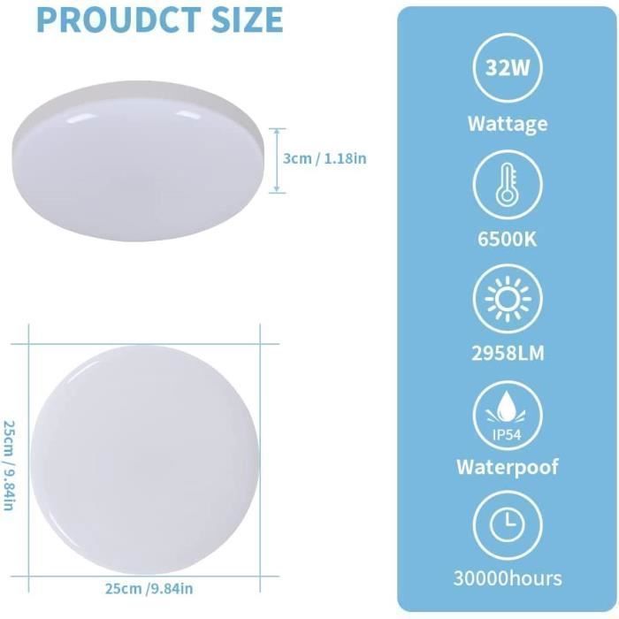 DELIPOP Plafonnier LED - Style moderne - 32W 6500K IP54 Imperméable Luminaire Plafonnier Pour Salle de Bain Cuisine Salon - Blanc