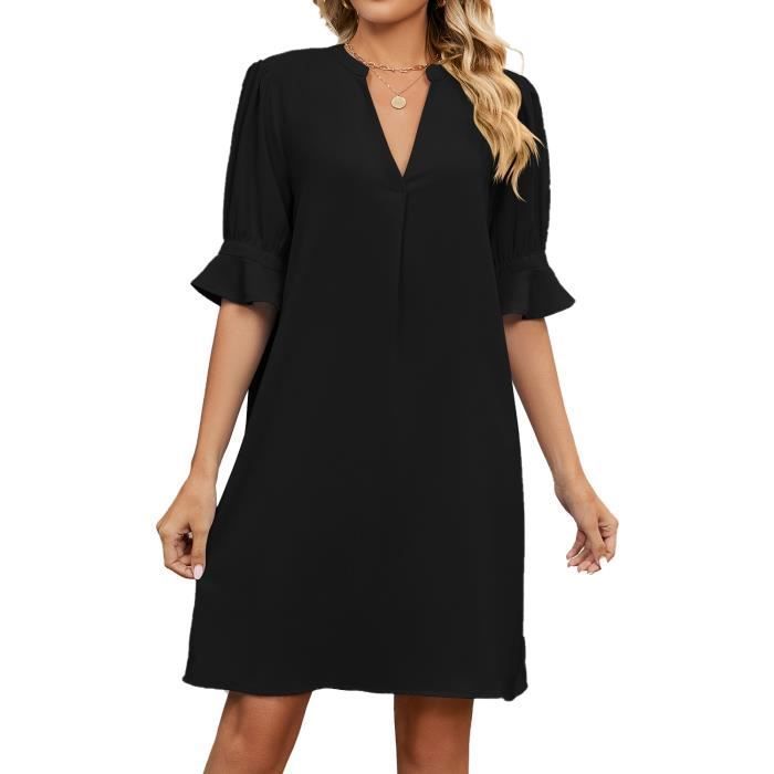 Robe Femme Col V Manches courtes Casual Couleur unie - Noir