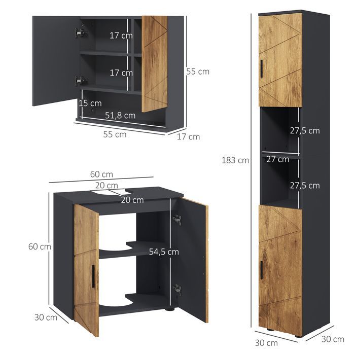 Ensemble de meubles de salle de bain - kleankin - 3 pièces - avec étagères réglables, niches ouvertes, placards - chêne gris foncé