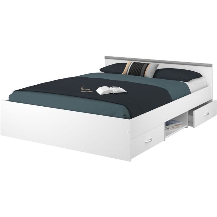 Cama para adultos ZODIAC 140x190 cm - 2 cajones y 1 nicho - Contemporánea - Blanco mate