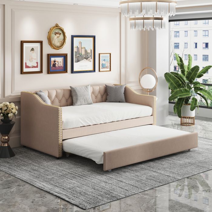Schlafsofa – Modernes skandinavisches Design – 2-Sitzer – Leinen und Massivholz – Verwandlungsfunktion mit Stauraum