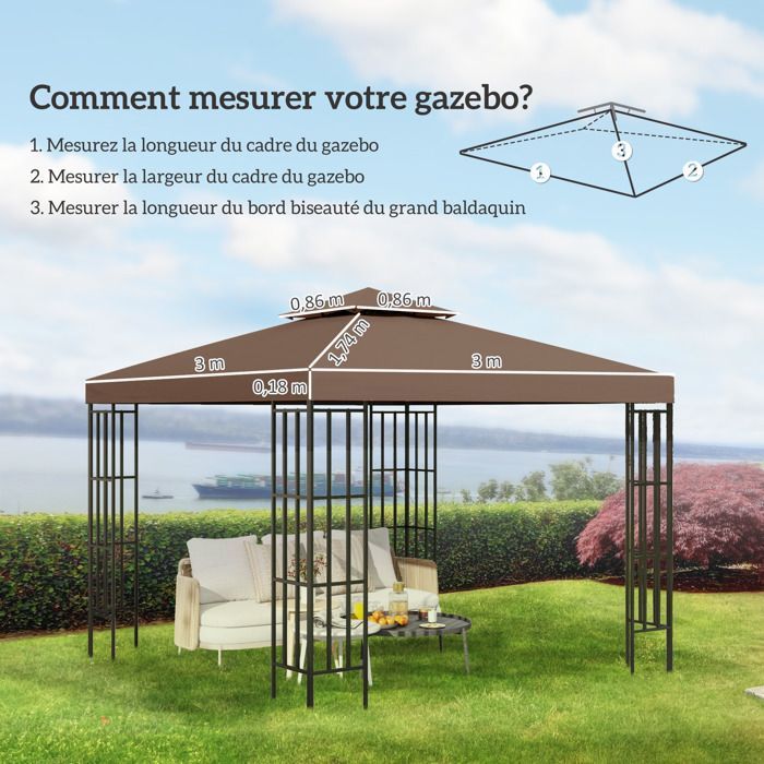 Toit de remplacement - Outsunny - pour pavillon de jardin toile de rechange pour pavillon tonnelle tente - polyester - 3x3m - marron