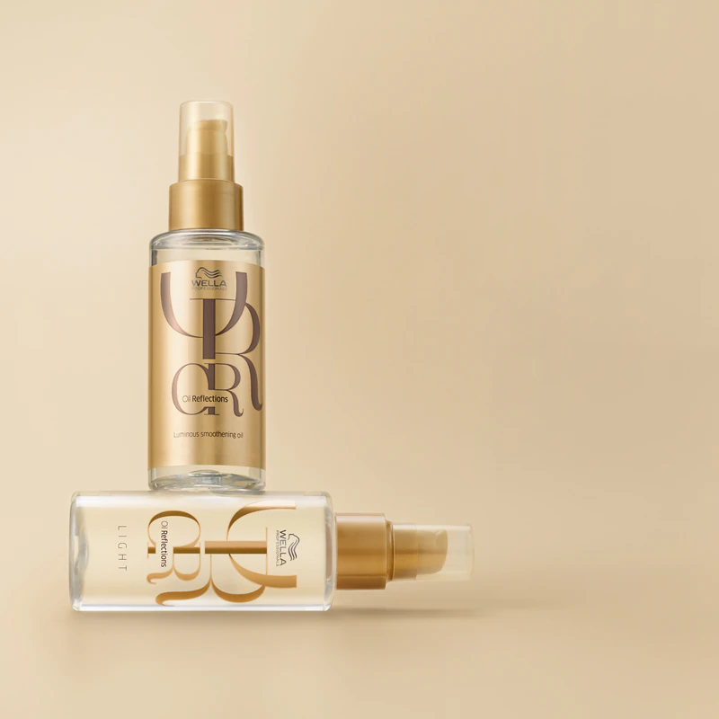 Óleo alisador Wella Professionals Oil Reflections para cabelos brilhantes e macios.