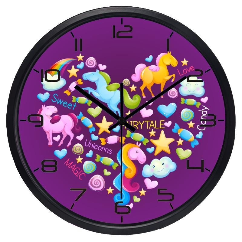 Cartoon Magic Unicorns Roze Wandklok voor Meisjeskamer, Geen Tikgeluid