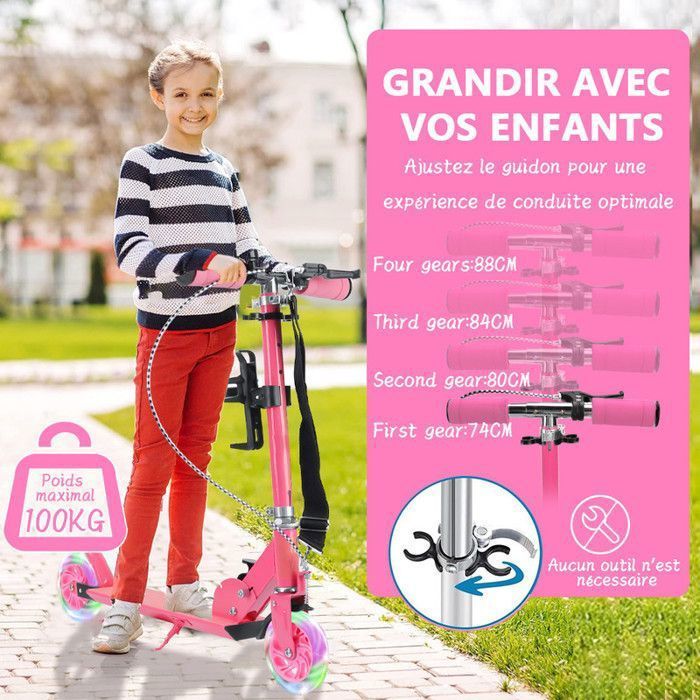 Monopattino per bambini - LED - Pieghevole - Altezza regolabile - 2 ruote - Portata massima 100 kg
