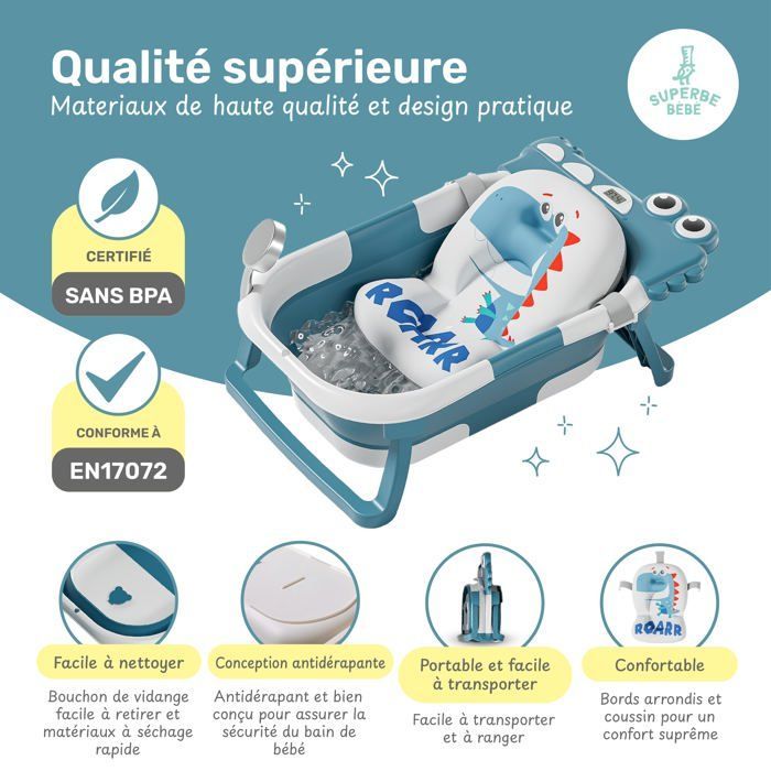 Baignoire bébé pliable - Thermomètre et coussin inclus - DINO - Duck Blue | SUPERBE BEBE