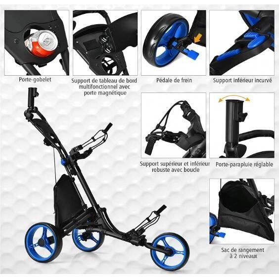 Carro de golf plegable de aluminio de 3 ruedas GYMAX con manillar ajustable, rueda trasera con freno y soporte para paraguas, color azul.