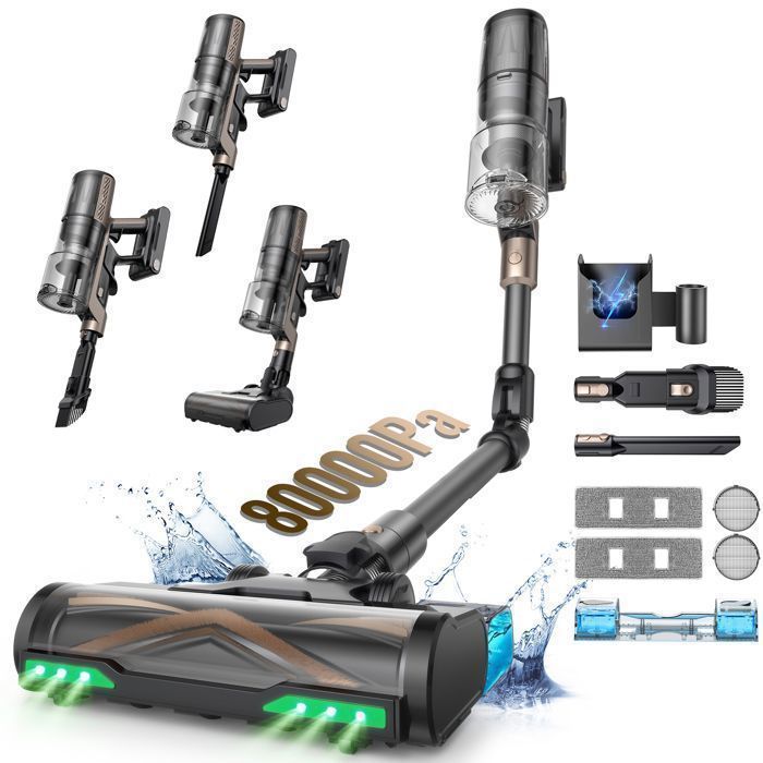 Proscenic Aspirateur balai sans fil P20 -Sec/Humide -80kPa/180AW-SmartSpeed™-70 Min-Tube Pliable à 180°- Auto-Portant -Poils animaux