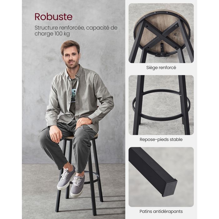 VASAGLE Lot de 2 Tabourets de bar, avec Dossier, Siège de Cuisine, Siège 73,5 cm de Haut, Style Industriel, Grège et Noir