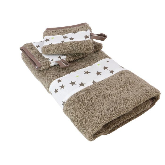 Toalla de rizo de algodón con forma de estrella y dos paños de cocina.