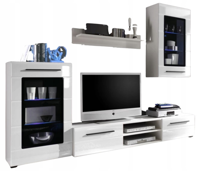 Meblościanka PUMP MDF biały połysk 240cm szafka RTV półka komoda   LED
