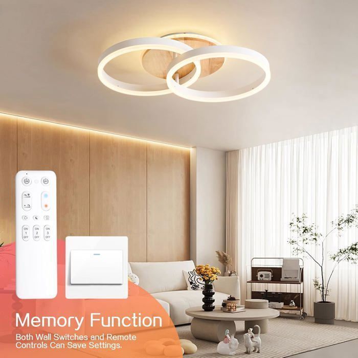 AMDELNE Modern 36W Dimmable Ceiling Light with Remote Control/Metal+Acrylic/Round Design/for Living Room/Dining Room – White+Wood