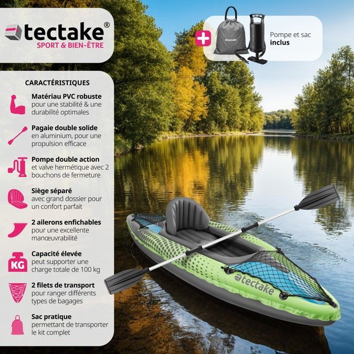 KAYAK - TECTAKE - LIBERTY kayak hinchable, kit completo con bolsa de transporte resistente y ligera - Verde