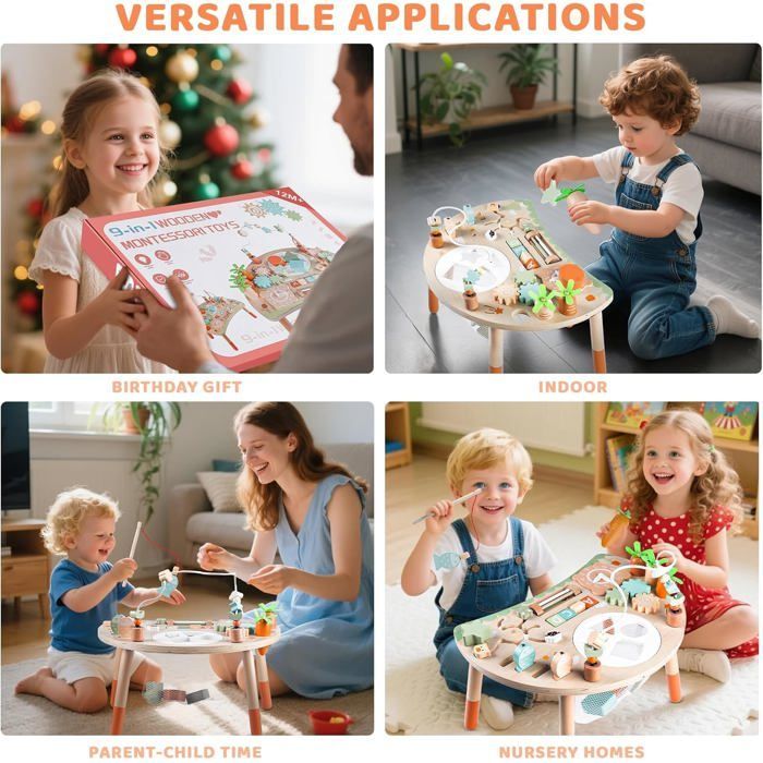 Mesa de actividades Montessori de madera - ZUUKO - 9 en 1 - 39,88 x 29,97 x 34,8 cm - Sensorial - Laberinto de cuentas