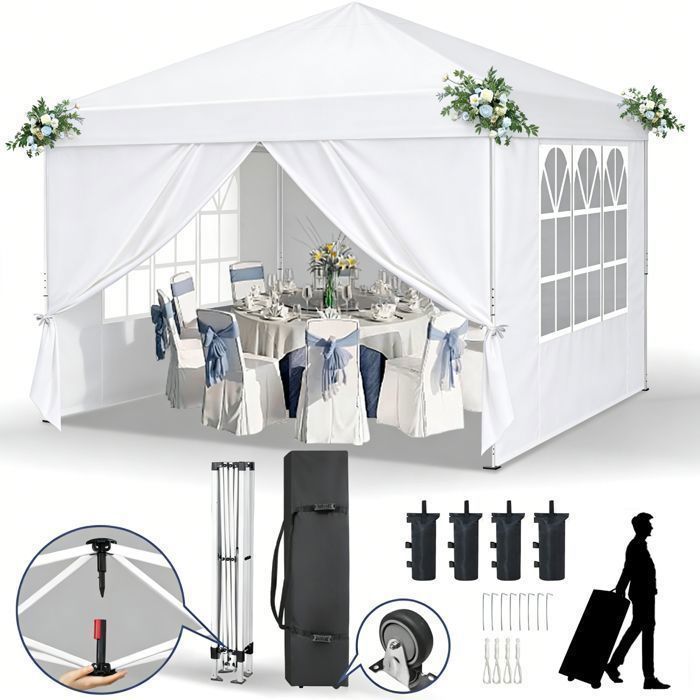 Cenador de jardín, carpa de recepción, carpa para eventos - 3x3 m, con 4 bolsas de lastre, carpa plegable, carpa de jardín, blanca