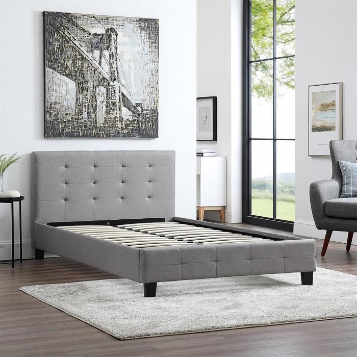 Cama individual MARLON para adultos con somier de láminas de 120x190 cm, para 1,5/1 persona, cabecero y piecero tapizados, en tela gris.