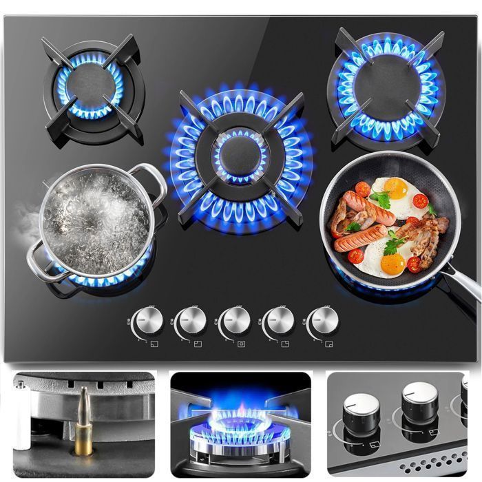 Plaque de cuisson gaz-L70 cm table de cuisson à gaz-10400 W-5 feux-Verre trempé-Sécurité thermocouple-plaque gaz