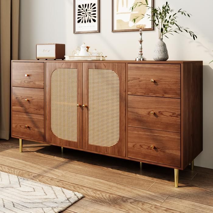 Credenza in vimini, mobile contenitore con cassetti, credenza da soggiorno, marrone, doppia anta, sei cassetti, 160×40×90 cm, grande capacità.