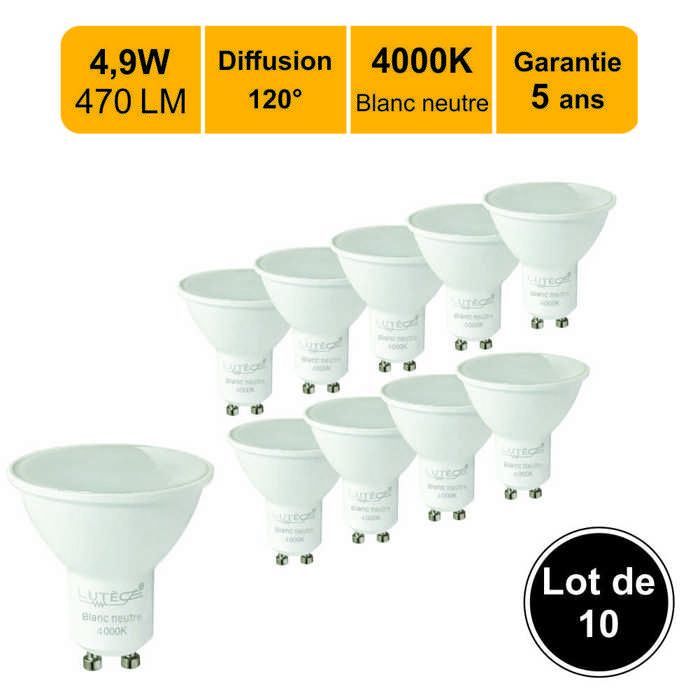 Verpakking met 10 GU10 LED-lampen, 4,9W, 470lm, 4000K - 5 jaar garantie