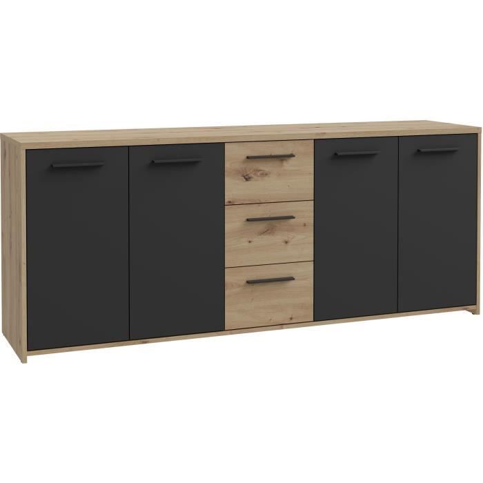 Buffet PILVI - Style contemporain - Particules mélaminé -Décor Chêne artisan et Noir- 4 portes + 3 tiroirs - L179,2 x P42 x H74,5