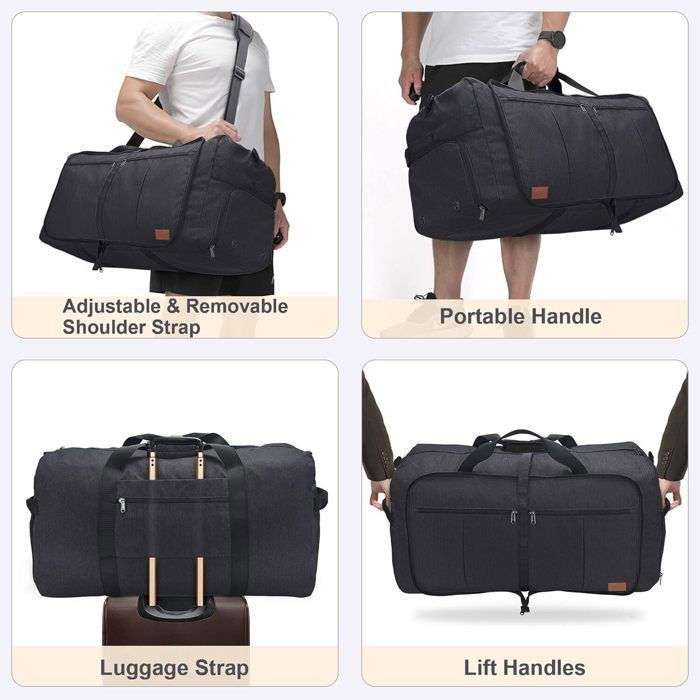 Bolsa de viaje plegable para hombre y mujer, 65 litros, tipo fin de semana, con compartimento para zapatos, impermeable - Negra