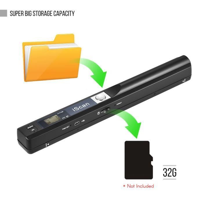 Tragbarer kabelloser HD-Dokumenten- und Bildscanner, A4-Format, 900 DPI, JPG/PDF-Format, LCD-Display, Schwarz (CD enthalten)