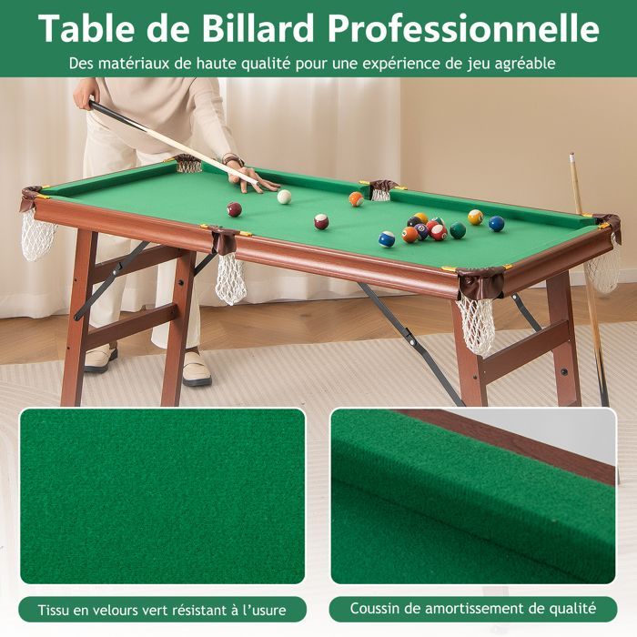 Table de Billard Pliable Enfants et Adultes DREAMADE Jeu de Billard 16 Balles, Triangle, 2 Craies, 2 Queues, Brosse, Pieds