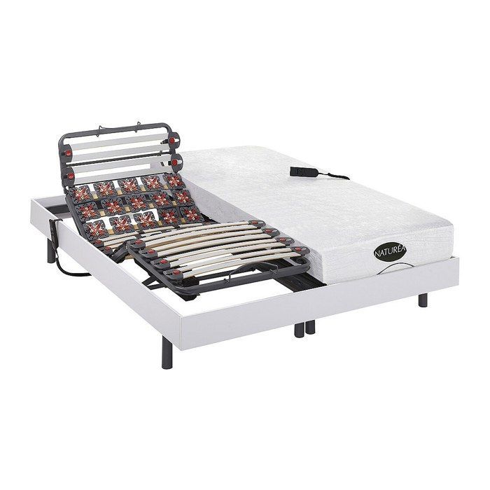 Letto relax elettrico con doghe e molle + materasso in memory foam e bambù - 2 x 80 x 200 cm - Bianco - DAMYSOS by NATUREA
