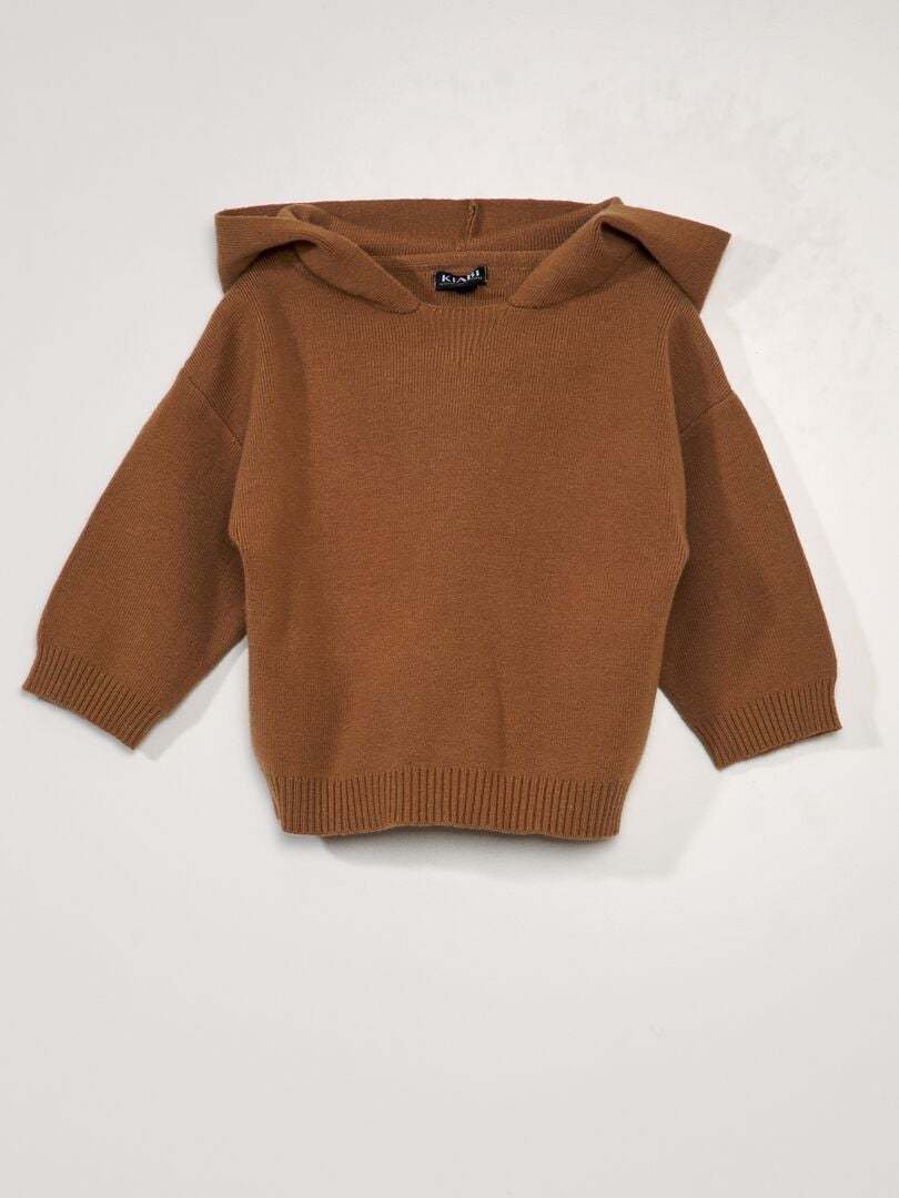 Sweter dzianinowy z kapturem - brązowy