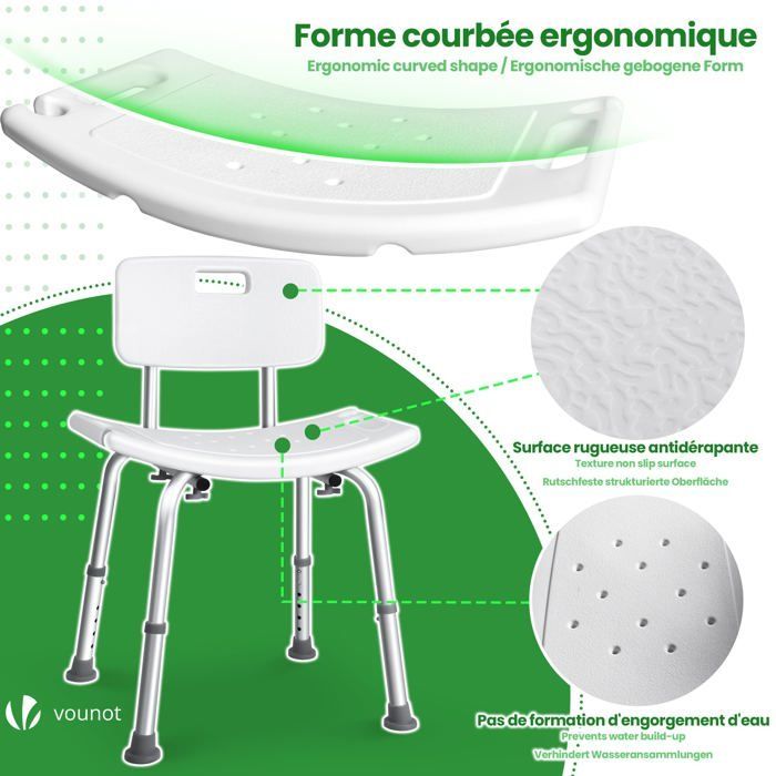 VOUNOT® Chaise de douche avec dossier ergonomique - Hauteur réglable - Pieds antidérapants - Siège en Aluminum HDPE - Blanc