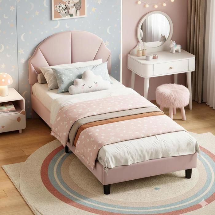 Cama de 90x200cm - Cama infantil, individual y con somier de láminas - con cabecero ajustable, diseño de conchas marinas - en terciopelo rosa