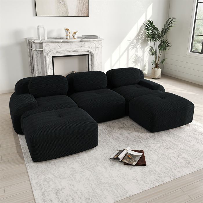 DRIPEX Modulares 3-Sitzer-Ecksofa – Cordbezug – mit 3 Kissen und 2 Hockern – 298 x 178 x 75 cm – Schwarz