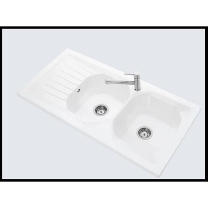 Evier 2 bacs WINDSOR PLUS - Dimensions : 120x 60 cm - En céramique - Blanc brillant - Avec égouttoir