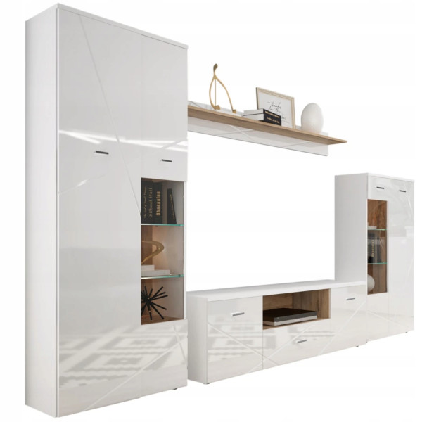 Meblościanka KROSH MDF biały połysk 310cm szafka RTV komoda regał półka LED