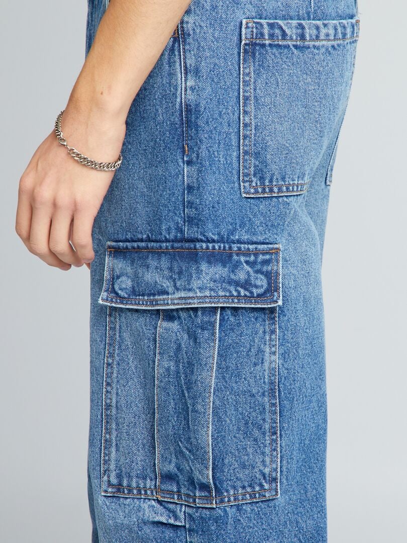 Calça jeans de pernas largas com vários bolsos - AZUL