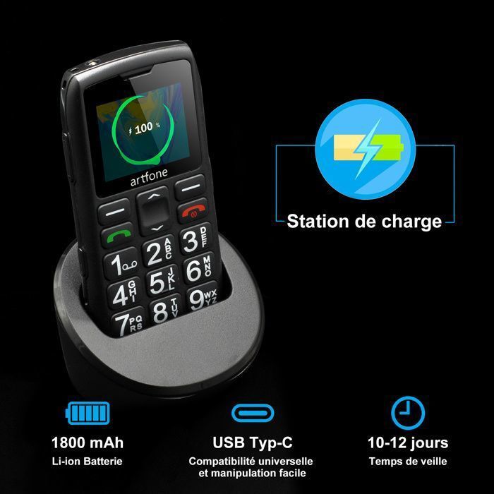 Artfone C1+ 4G Téléphone Portable Sénior,Batterie 1800mAh,Bouton SOS avec Grandes Touches,Haut-parleur stéréo,Radio FM ,Lampe Torche