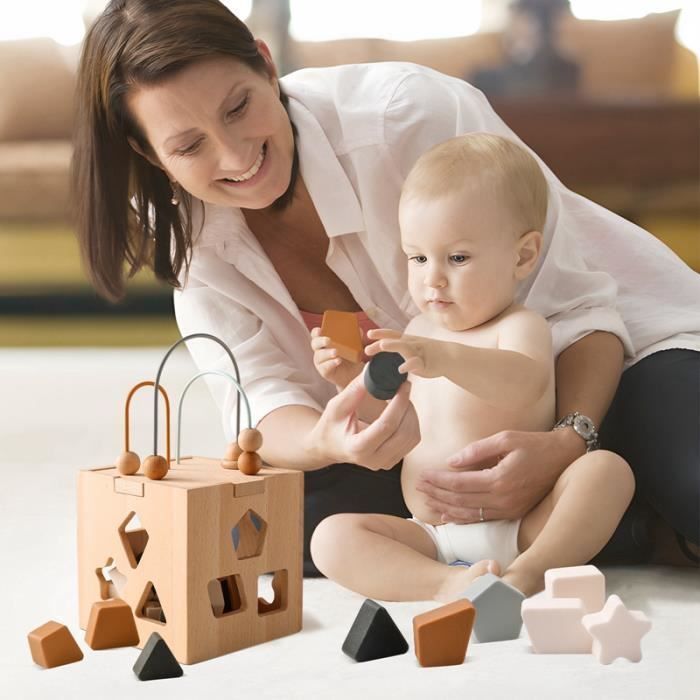 Cube d'activité - Montessori - Silicone et bois - Éducation précoce - Tri de formes - Mixte