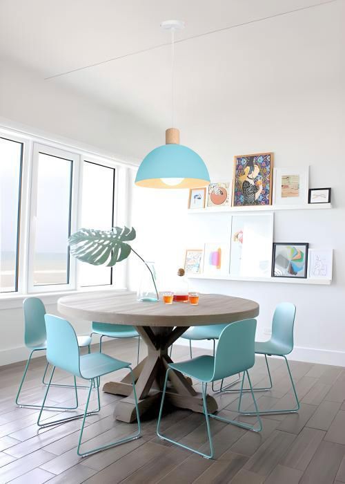 IDEGU Retro Hanglamp, Moderne Halfronde Plafondlamp, E27 Fitting, Hout en Metaal, Blauw, Ø 20CM