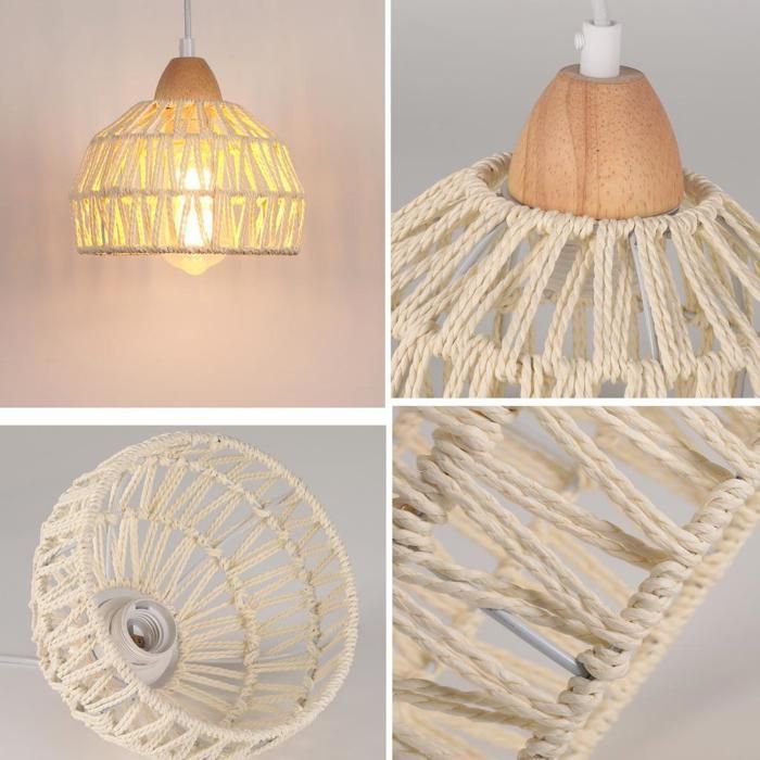 iDEGU Vintage Industriële Hanglamp, Witte Rotan Houten Kroonluchter, E27 Fitting, Retro Kooi Design Verlichting voor Woonkamer en Slaapkamer