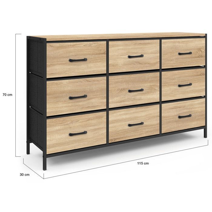 IDMARKET UTAH stoffen ladekast met 9 laden, 115 cm, opbergmeubel in industrieel design