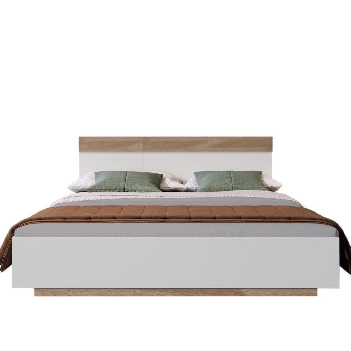 Letto matrimoniale 160x200cm - struttura in legno - rete a doghe - stile scandinavo - rovere + bianco